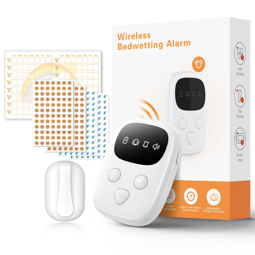 2026 New Wireless Bed Wetting Alarm for Boys and Girls, White Bedwetting Alarm, Compact & Comfortable Wireless Sensor, 7 Melodies 3 Modes,Includes Progress Card and Stickers