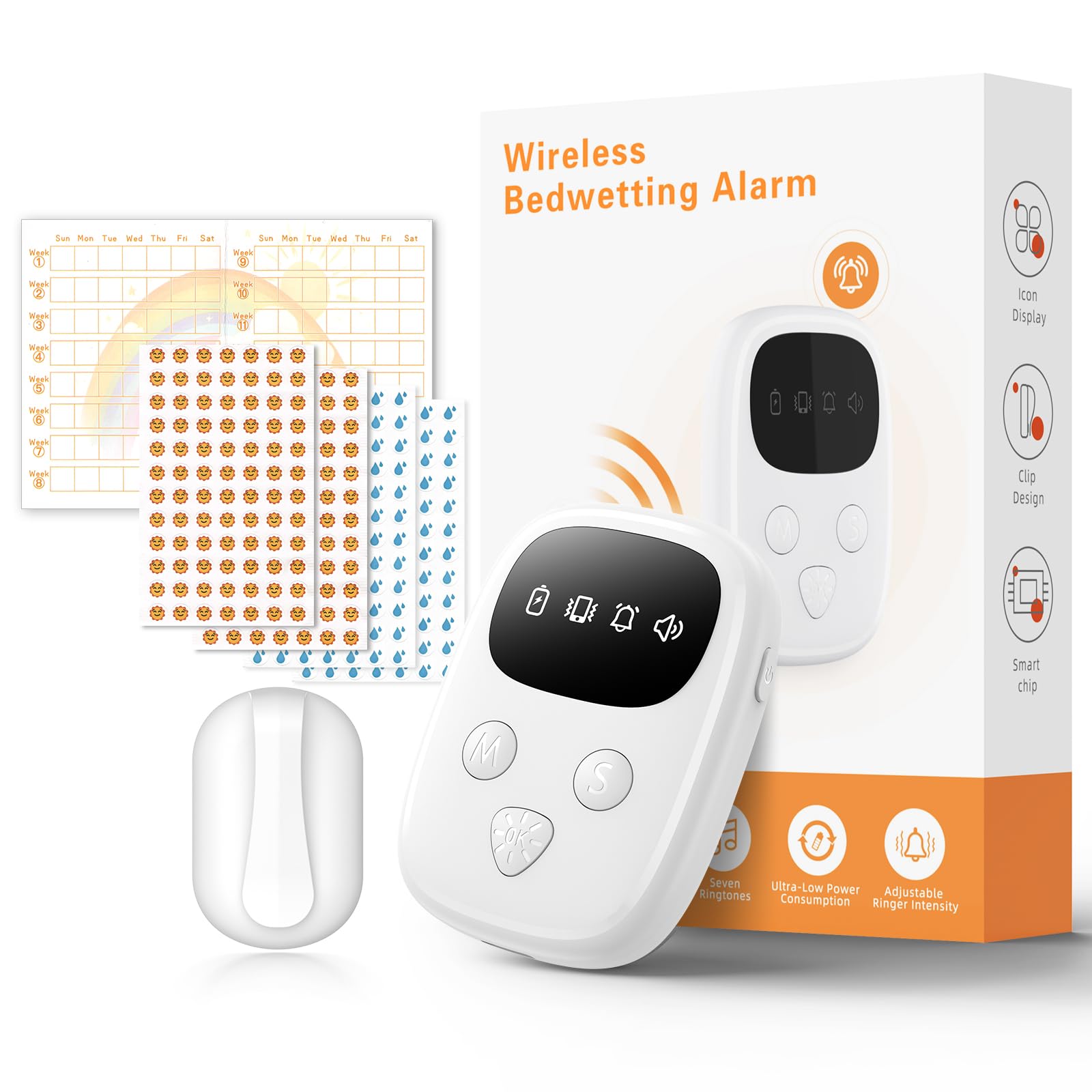2026 New Wireless Bed Wetting Alarm for Boys and Girls, White Bedwetting Alarm, Compact & Comfortable Wireless Sensor, 7 Melodies 3 Modes,Includes Progress Card and Stickers