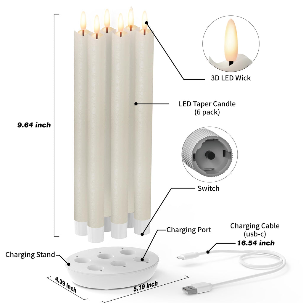 Rechargeable Flameless Taper Candles with Remote, Charging Base, 6 Pcs