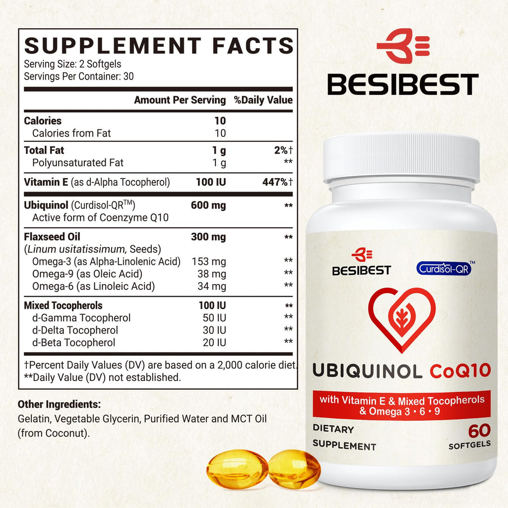 Ubiquinol CoQ10-600mg-Softgel, Active Coq10 Ubiquinol Supplement with Vitamin E & Omega 3, 6, 9, High Absorption-Coenzyme-Q10, Powerful Antioxidant for Energy Production, Tested, 120 Count