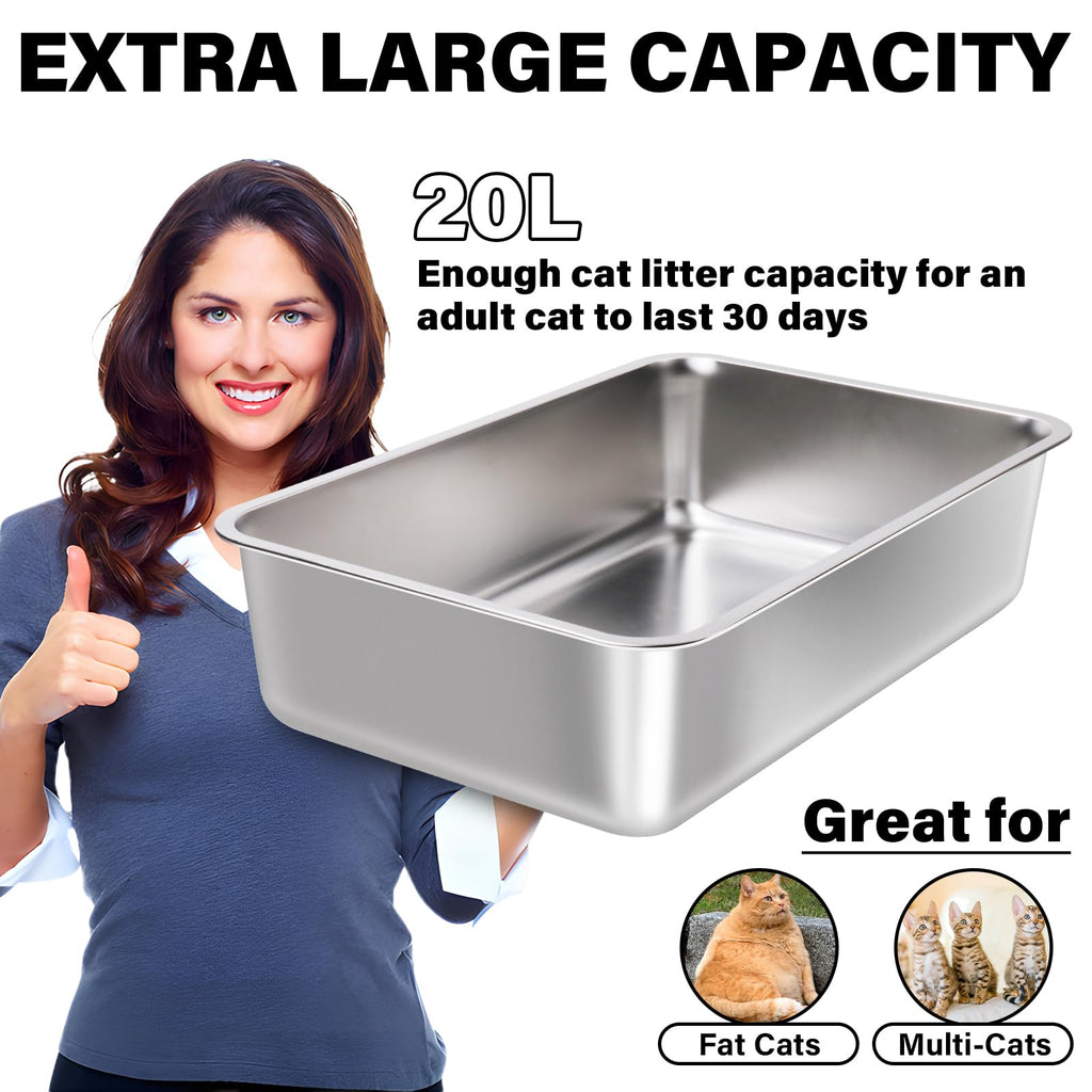 LEGOURNS XL Stainless Steel Litter Box 2 Pack, 23.6"x15.8"x6" (Height) Extra Large, Silver, Cat Litter Box, High Sides, Non Stick, No Smell, Easy Clean, Metal, For Big/Fat Cats & Kittens