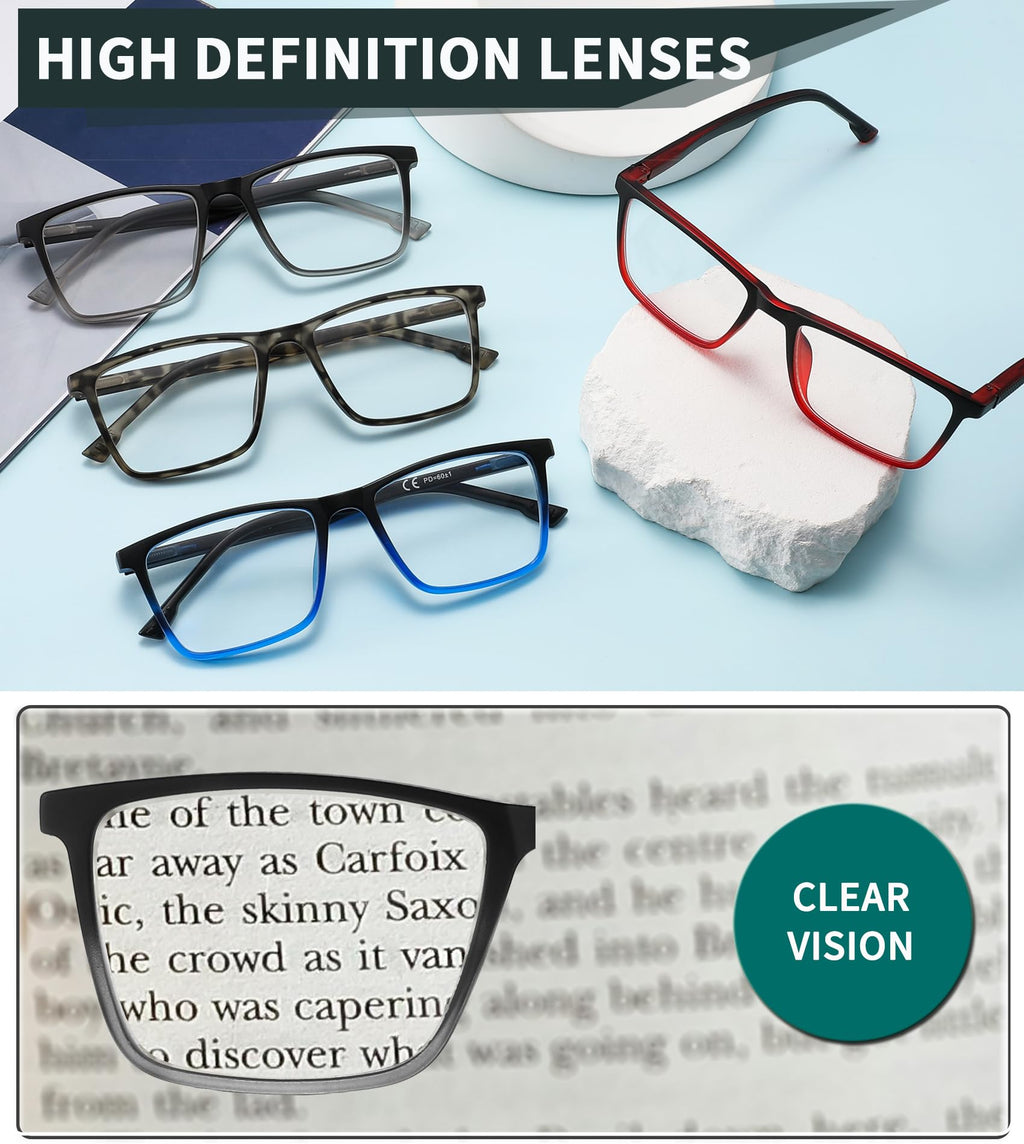 READITEASY Mens Reading Glasses 2.0+ Blue Light Blocking 4 Pack, Wide Computer Readers for Men with Spring Hinge Reduce Eyestrain/UV/Dryness, Square Large Trendy Eyeglasses 2.0