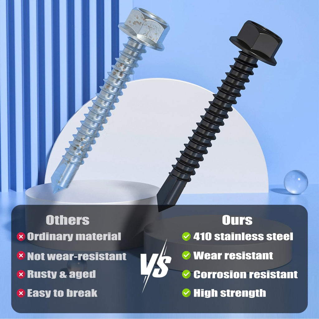 VGBUY 150Pcs Self Drilling Screws Assortment Kit, 410 Stainless Steel Self Tapping Sheet Metal Screws, Black Zinc Plated, #8 1/2" 3/4" #10 1" 1-1/2", Hex Washer Head