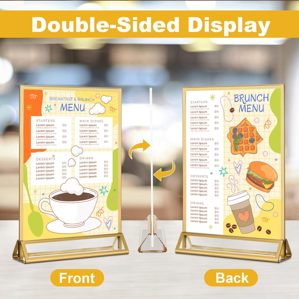 EHWINE 10 Pack 8.5×11 Clear Acrylic Sign Holder with Gold Borders and Vertical Stand, Double Sided Table Menu Holders Picture Frames for Wedding Table Numbers, Restaurant Signs, Photos and Art Display