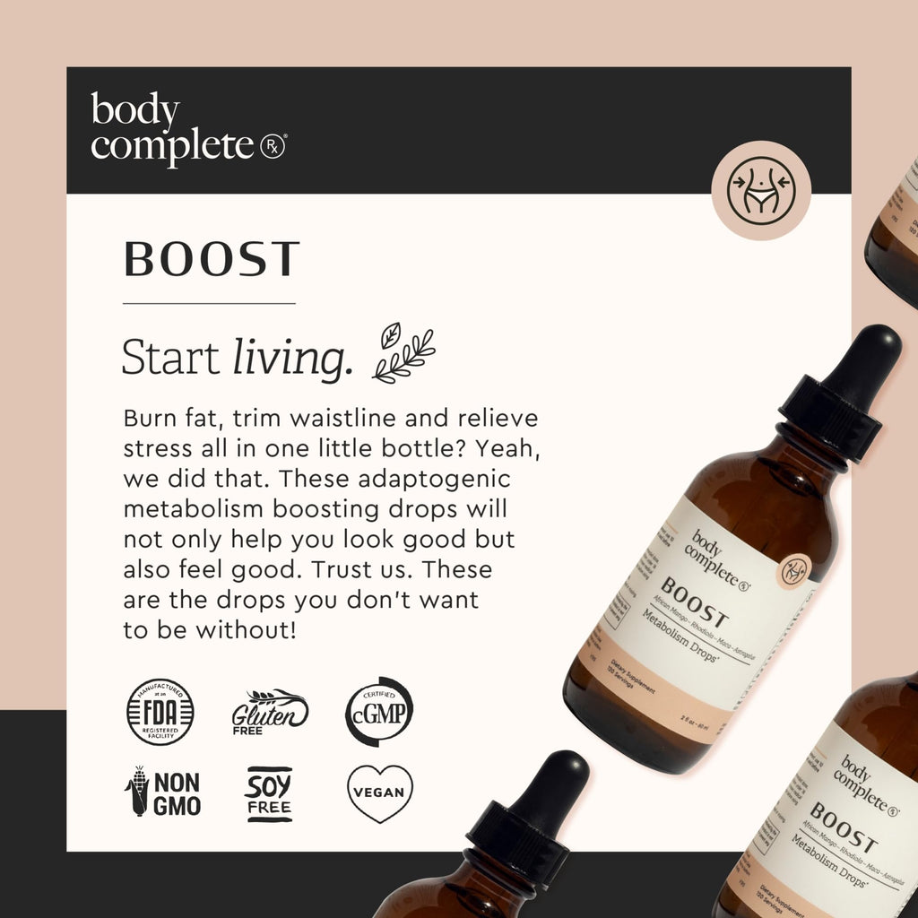 BODY COMPLETE RX Boost Drops with Maca Root, Amino Acids, L Glutamine, Niacin, and Rhodiola for Energy, Digestion, and Thyroid Support for Women, Plant Based, 60 ML
