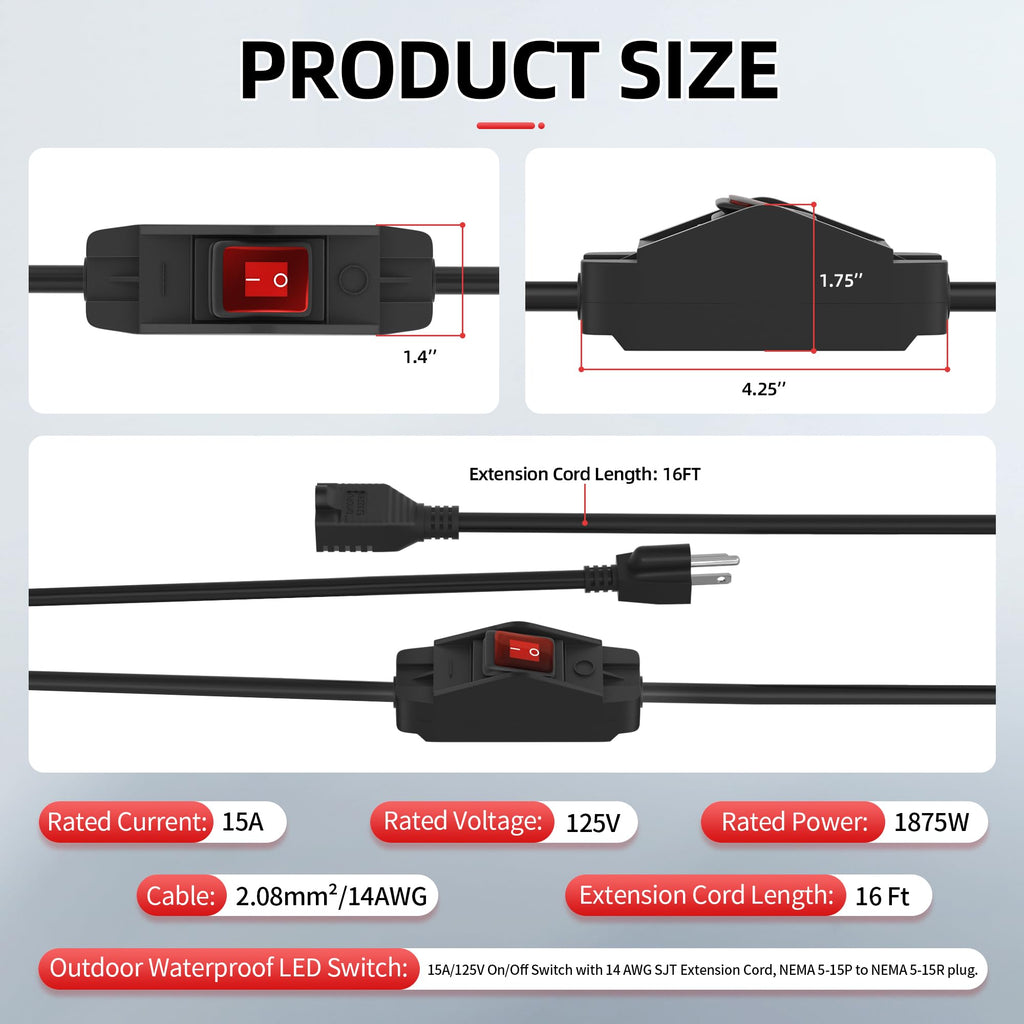 Joinfworld Switched Extension Cord 16 Ft Outdoor 14 AWG 3 Prong Heavy Duty Extension Cord with Switch On/Off 15A 125V Waterproof Lighted Extension Cord Inline Power Switch for Electrical Equipment