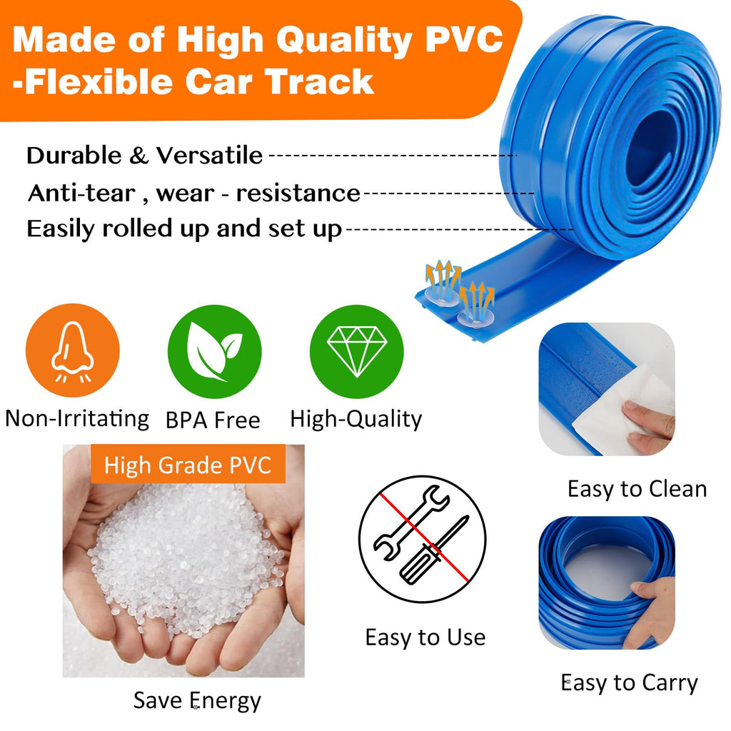 Flexible Race Track Toys for Kids: 15ft Flexible Car Track with Suction Cups - Portable Roll-Up DIY Racetrack Compatible with 1:64 Scale Diecast Cars for Boys & Girls Ages 3+