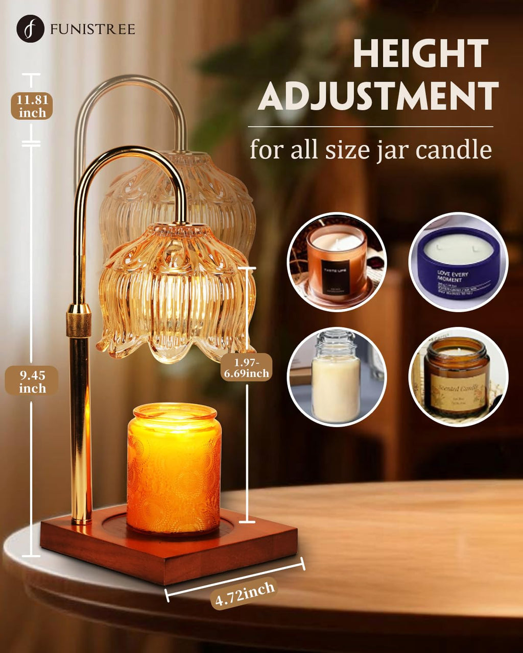 Funistree Flower Candle Warmer Lamp with Timer & Dimmer, Adjustable Height Candle Warmer, Christmas Birthday Gifts for Women Mom, House Warming New Home Decor, Wax Warmer for Jar Candles