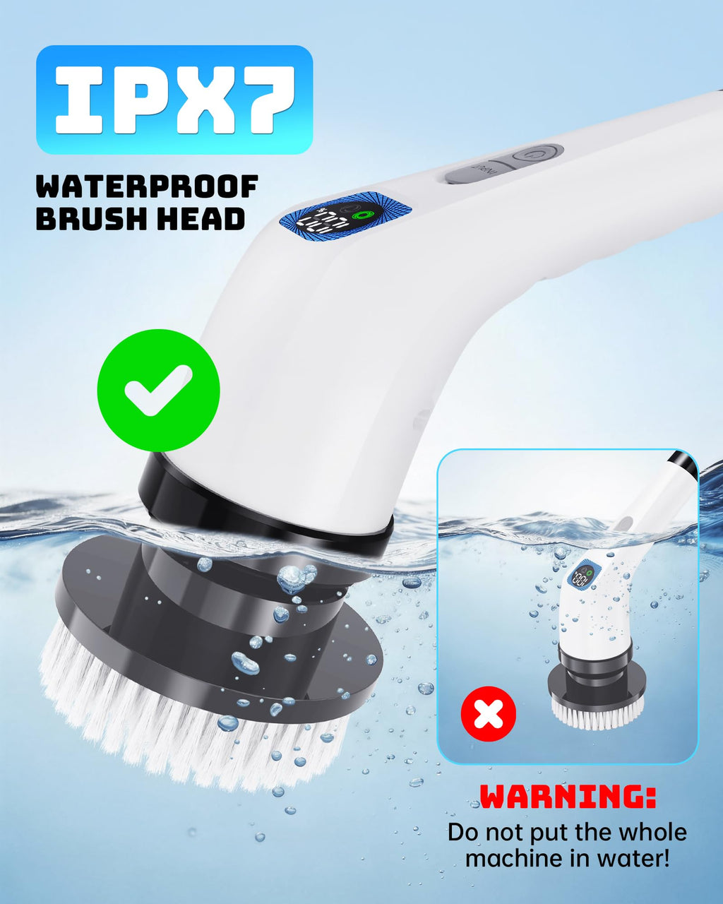 Electric Spin Scrubber, IPX7 Shower Scrubber 7 Replaceable Brush Heads-90Mins Work Time, 2-Speed Adjustable Bathroom Scrubber 3-Height Adjustable Handle Cordless Tub Scrubber for Bathtub Kitchen Glass