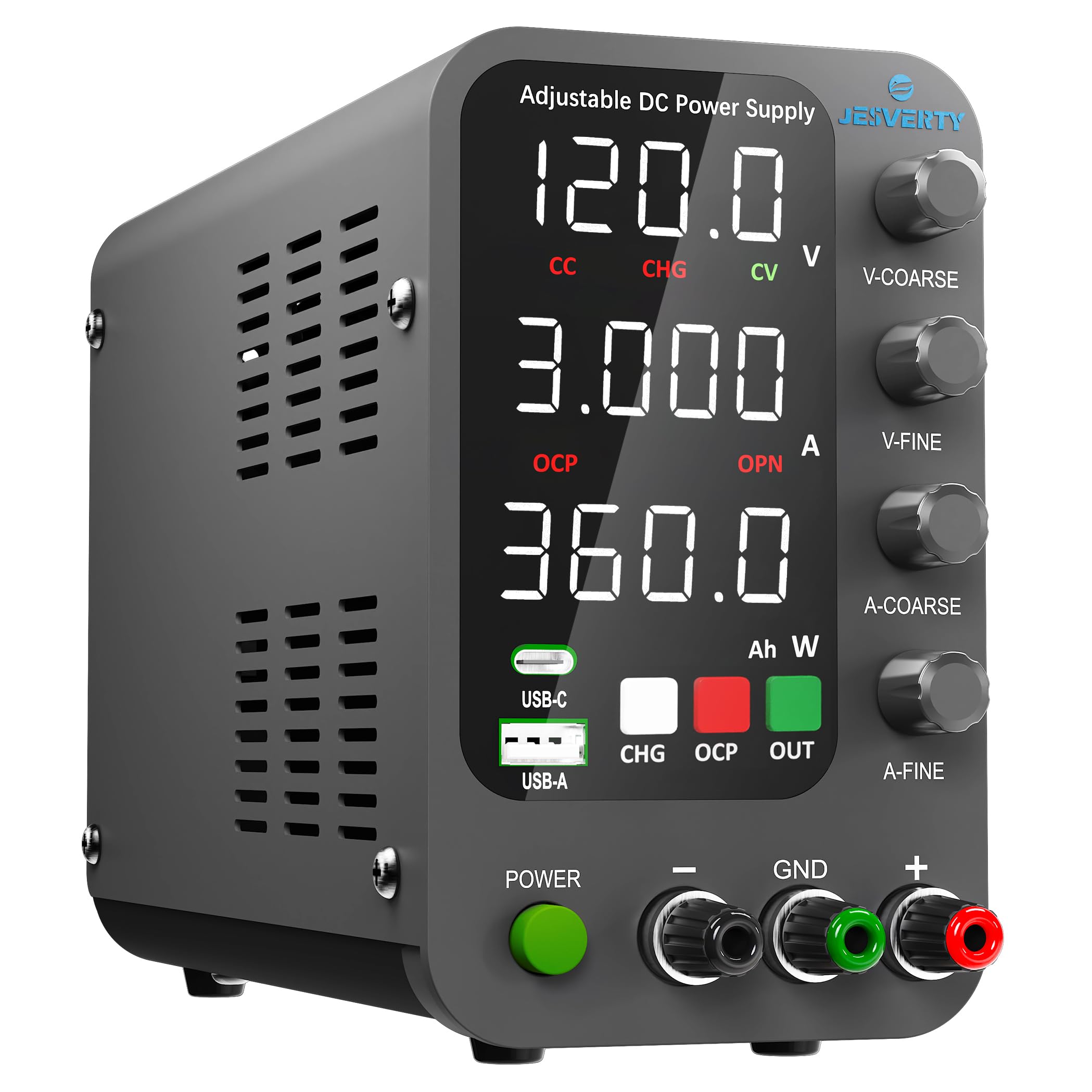 Jesverty DC Power Supply Variable, 0-120V 0-3A Switching Bench Power Supply with Intelligent Charging Mode, 20W USB & Type-C Quick-Charge, Encoder Knob, Output Switch, 4-Digit LED Display - SPS-12003C