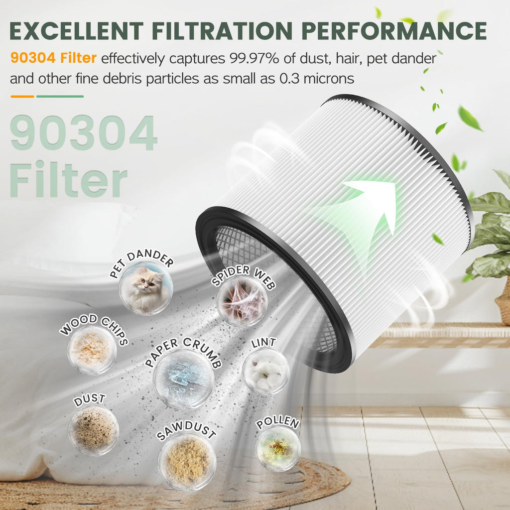 90304 Replacement Filter Kit Compatible with Shop Vac Cartridge Filter 90350 90304 90333 90585, Fits Most 5 Gallon and above Wet Dry Vacuum Cleaner (2+2+4+1)