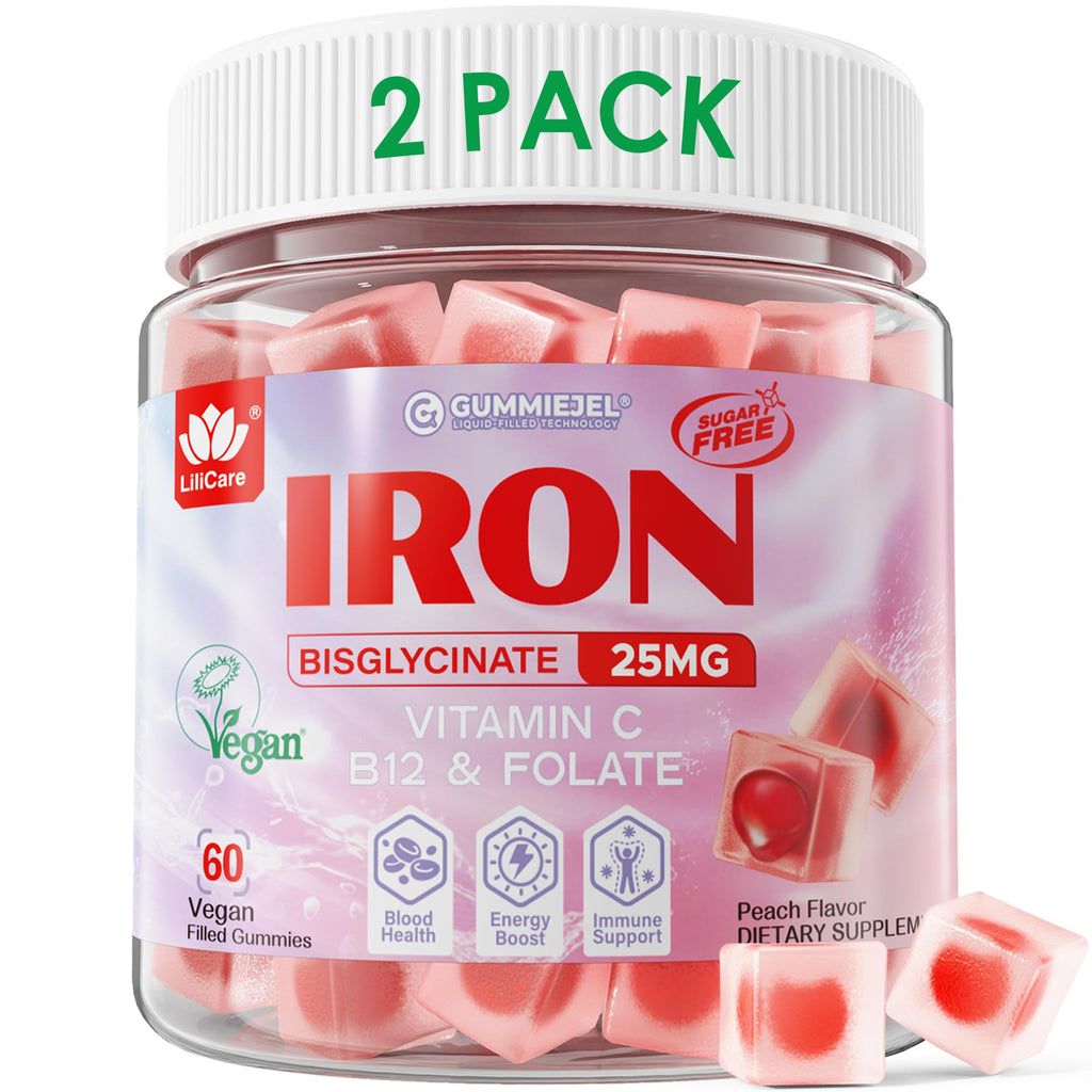 LILICARE Vegan Iron Supplement for Women 25mg, Sugar Free Iron Gummies with Vitamin C, Methy B12, Folate for Energy Boost, Iron Deficiency, No After Taste, Peach Flavor - 60 Count (Pack of 2)