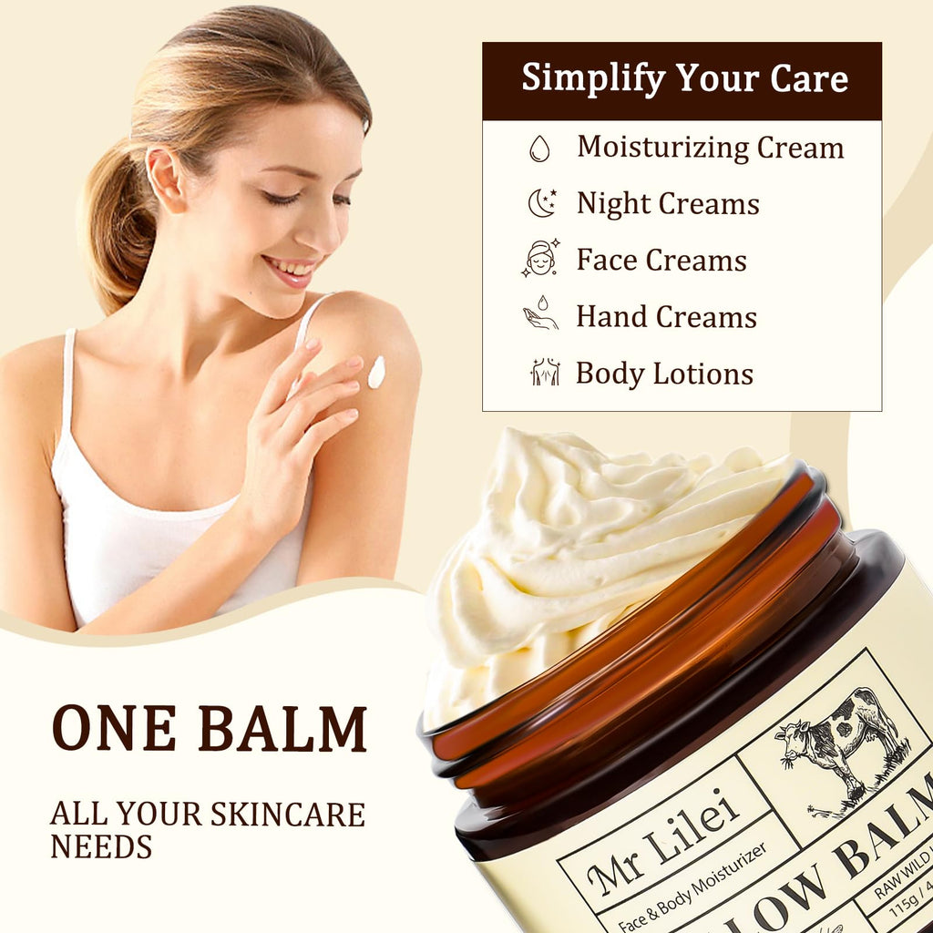 Lilei Beauty Organic Grass-Fed Beef Tallow Balm with Raw Honey - Face & Body Moisturizer - Natural Whipped Skin Care Cream for Dry Skin- Hydrating Body Lotion for Nourishment (Unscented, 115g/4.06oz)