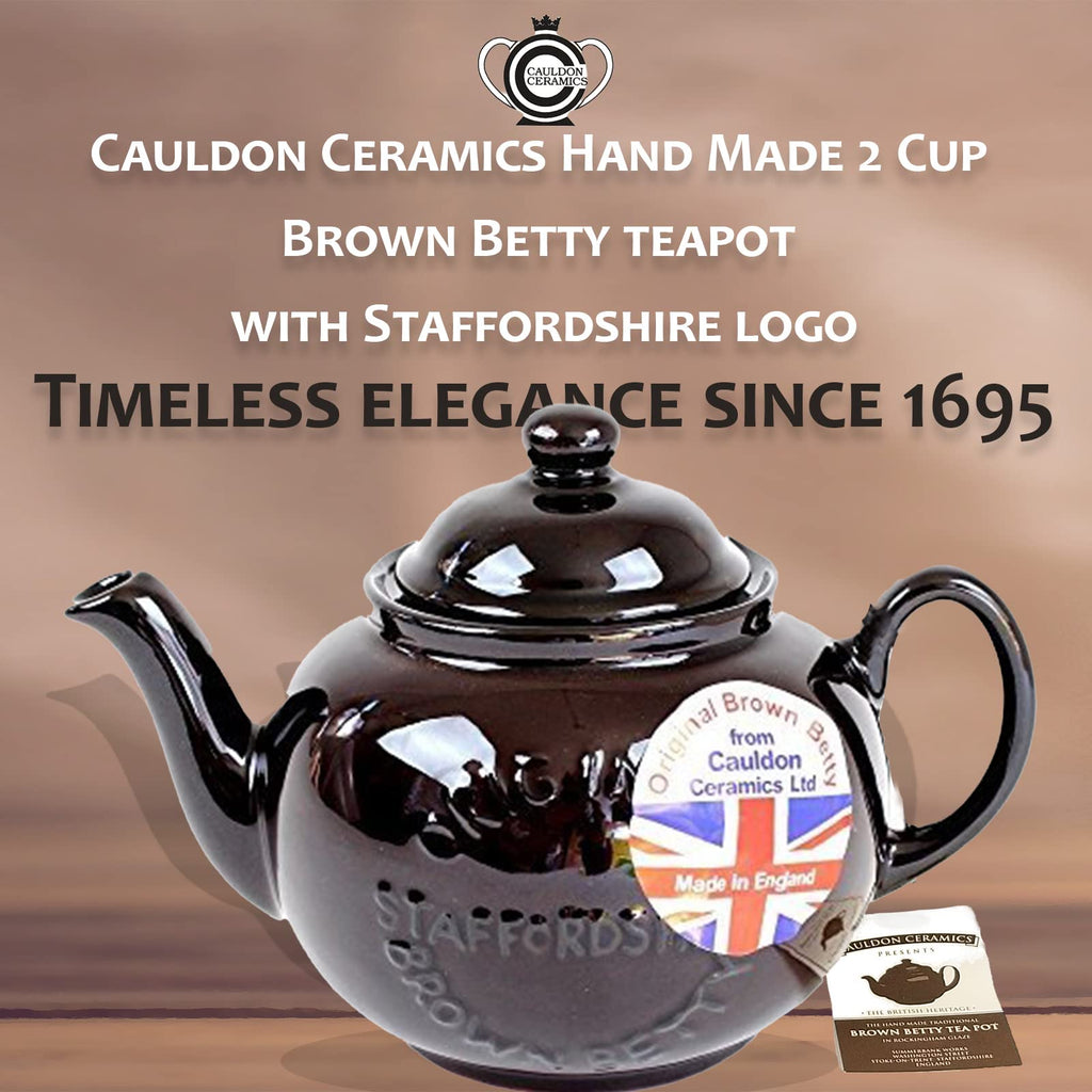 Cauldon Ceramics Classic Brown Betty Tea Pot | Hand Made 2 Cup Brown Betty Teapot with Logo | Made with Staffordshire Red Clay | Traditional Teapot | Authentic, Made in England Teapot | 20 Fl Oz