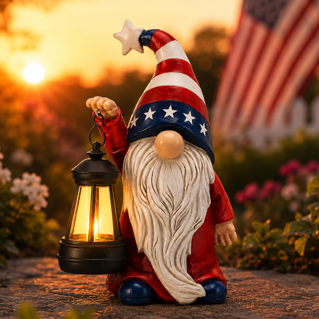 Solar Patriotic Gnome Garden Decor,9.4" Independence Day Garden Statues