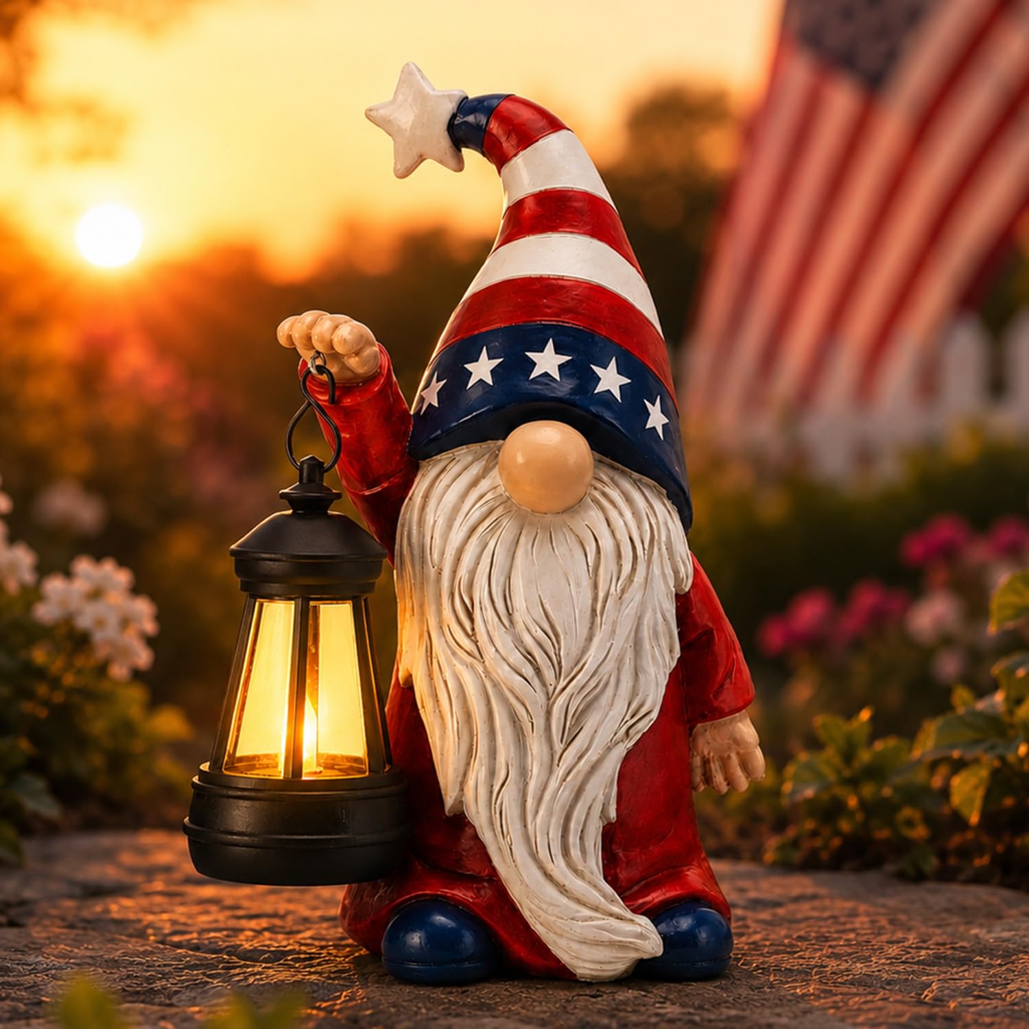Solar Patriotic Gnome Garden Decor,9.4" Independence Day Garden Statues
