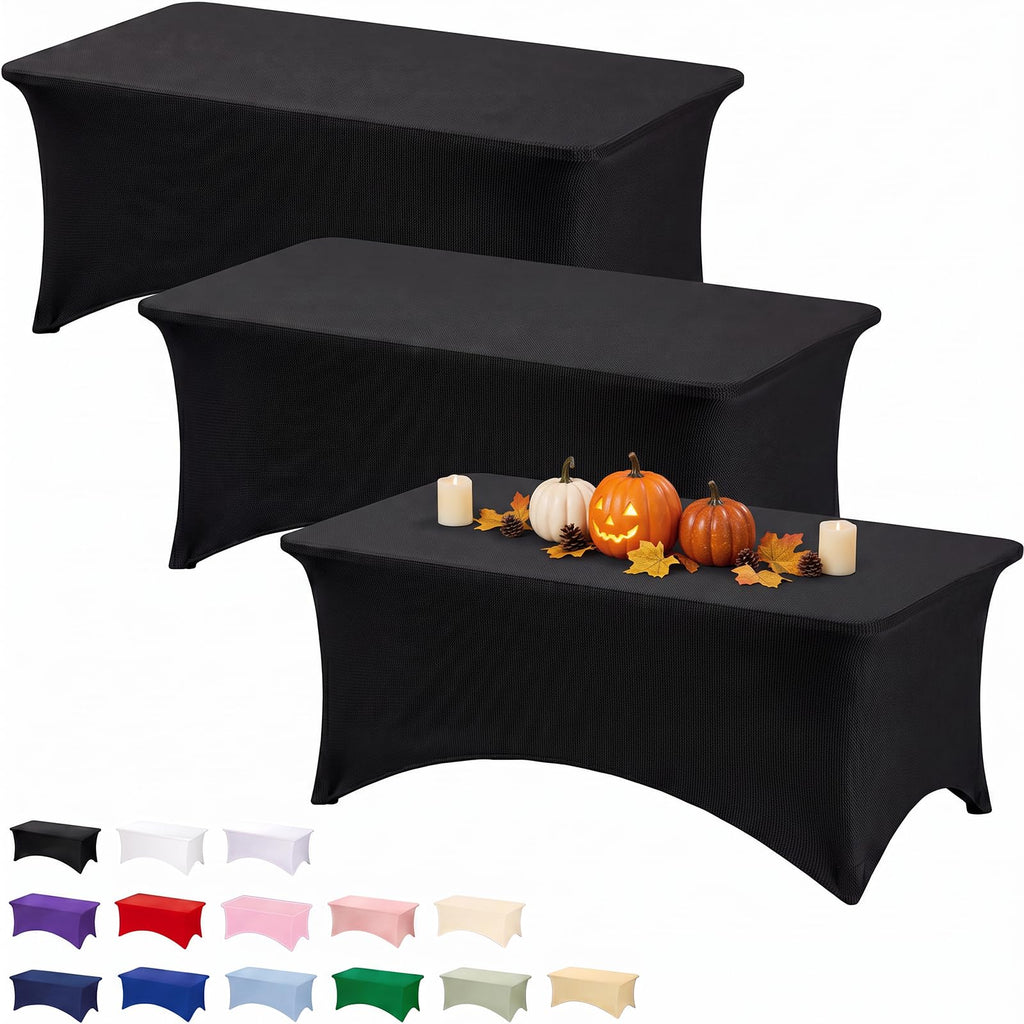Fixwal 3 Pack 6FT Black Tablecloth Rectangle Spandex Fitted Table Cover