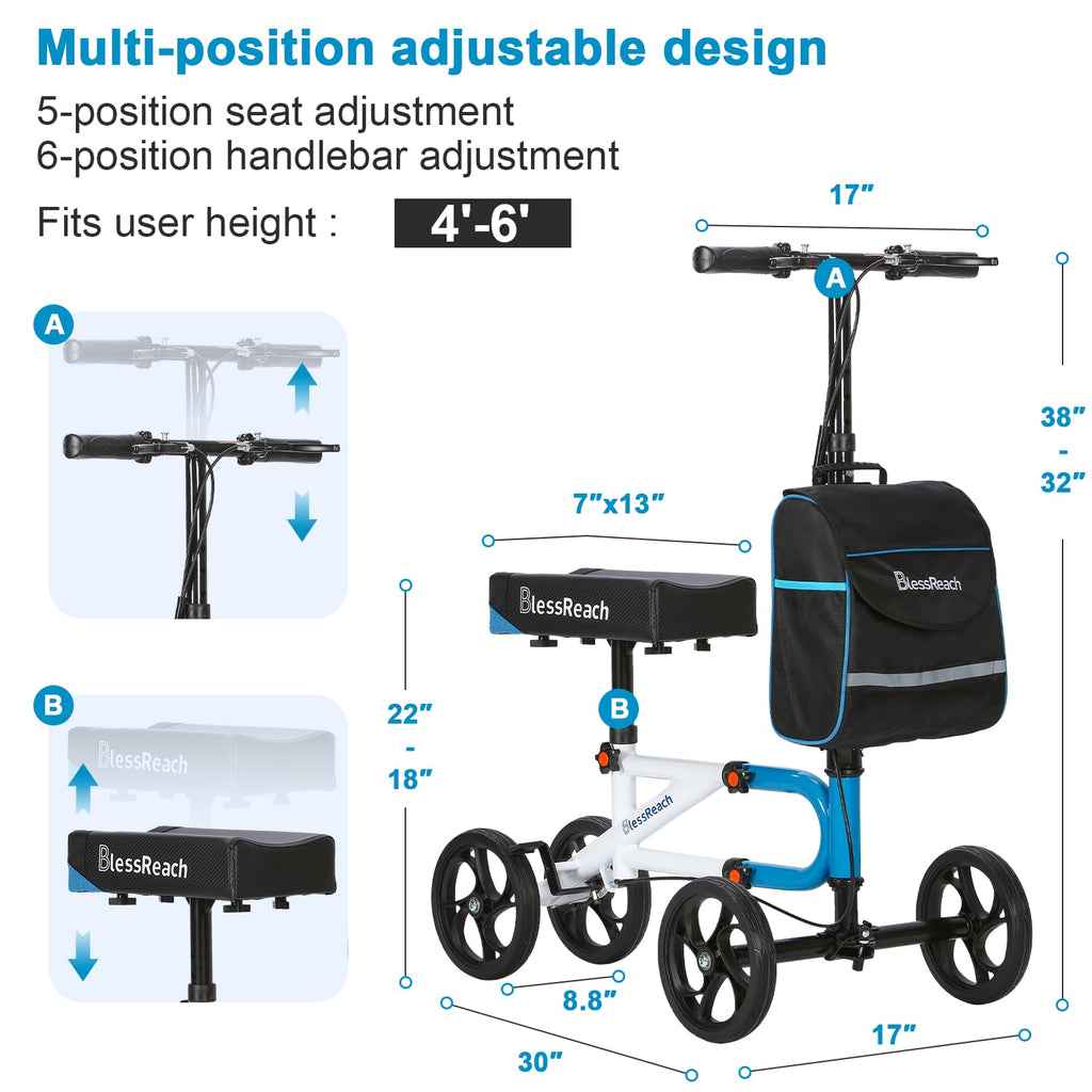 Knee Scooter，Knee Scooter for Adults for Foot Surgery，Knee Walker for Foot Injuries Compact Crutch Alternative with Dual Braking System (Blue)