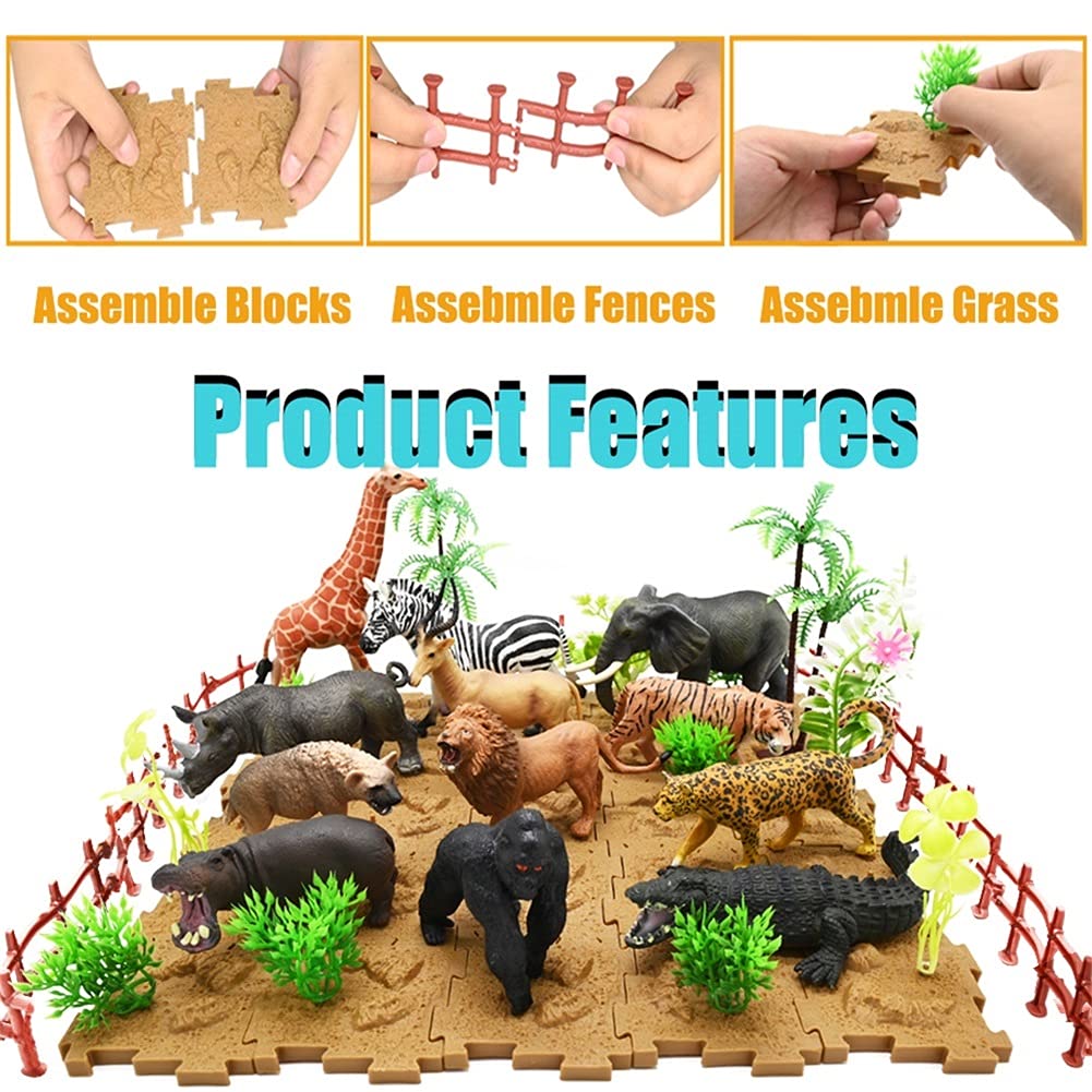 65PCS Safari Animals Figures Toys, Realistic Plastic Jungle Zoo Wild Animals with Fence Building Blocks Storage Box Christmas Birthday Gift for Kids 3-8