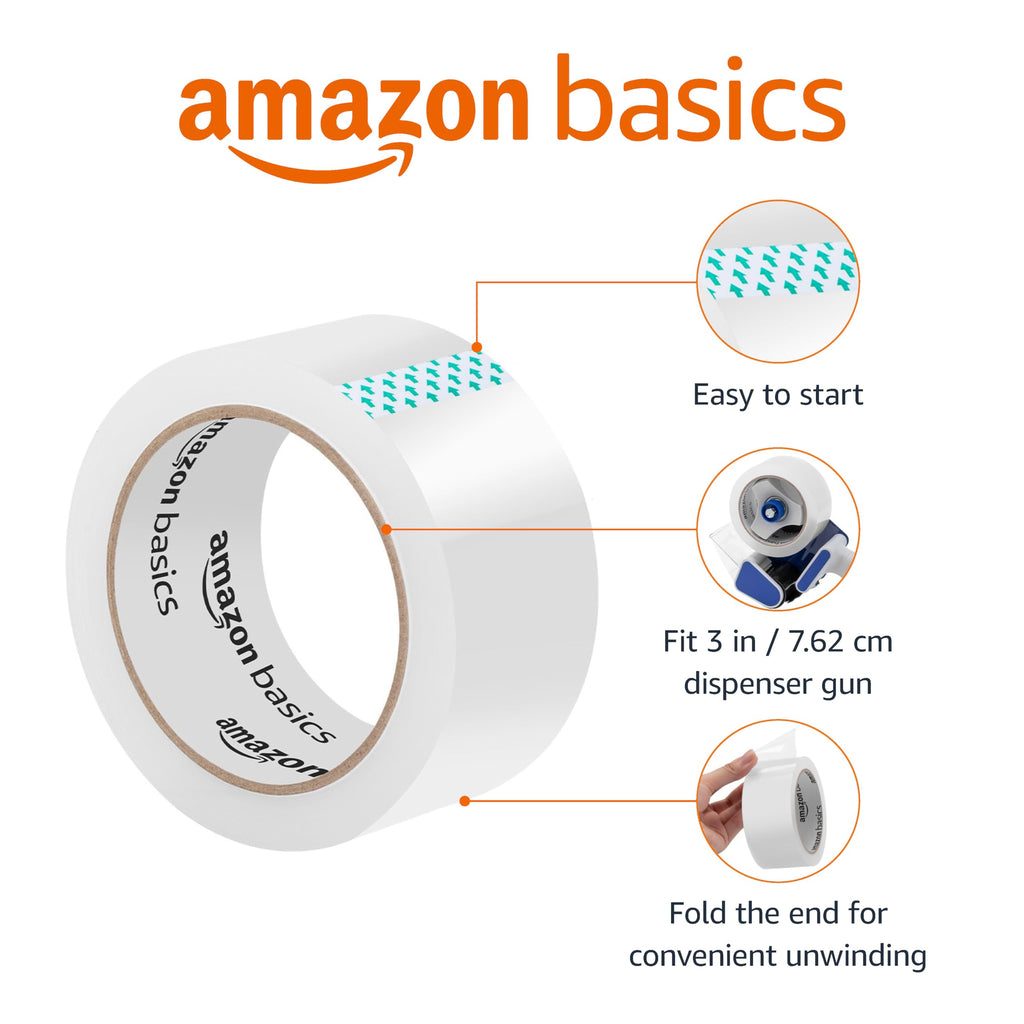 Amazon Basics Strong Plastic Adhesive Packing Tape for Shipping, Sealing Boxes, Moving and Storage, Clear, Low Odor, 1.88 in x 54.6 yds, 12-Pack
