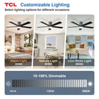 TCL 52" Ceiling Fan with Lights, Black Flush Mount Ceiling Fans with Remote Control, 6 Speeds DC Reversible, Dimmable, Noiseless, Low Profile Ceiling Fans for Bedroom