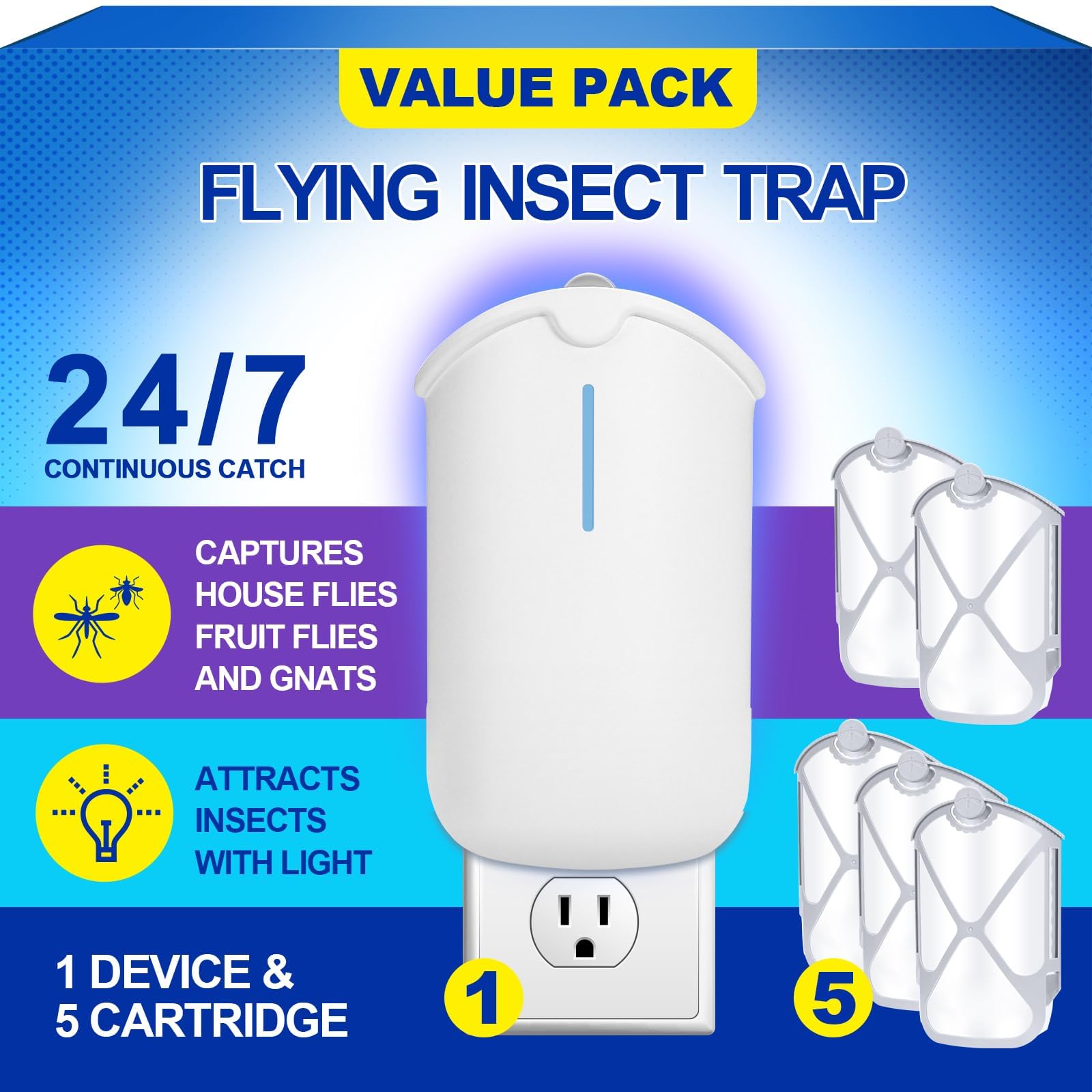 INRAGEO Flying Insect Trap & 5 Cartridges - Attracts and Traps Flying Insects Fruit Flies Mosquitoes - Compatible with Refill (1 Plug-in Base + 5 Cartridges)