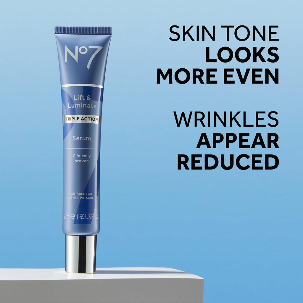 No7 Lift & Luminate Triple Action Face Serum - Collagen Peptide Anti-Wrinkle + Brightening Emblica & Vitamin C Serum + Pro Retinol Skin Firming Hyaluronic Acid & Hibiscus (50ml)