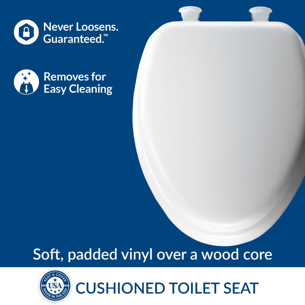 Mayfair Padded Toilet Seat, Cushioned Soft Vinyl over Wood Core Seat, Secure Hinges, Easy Clean, Made in USA, Elongated, White