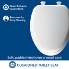Mayfair Padded Toilet Seat, Cushioned Soft Vinyl over Wood Core Seat, Secure Hinges, Easy Clean, Made in USA, Elongated, White