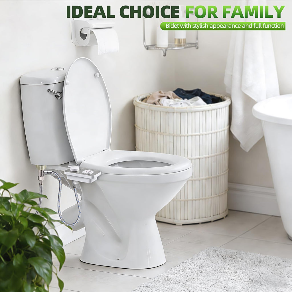 SAMODRA Bidet Attachment, Non-Electric Cold Water Bidet Toilet Seat Attachment with Pressure Controls, Retractable Self-Cleaning Dual Nozzles for Frontal & Rear Wash - Brushed Nickel