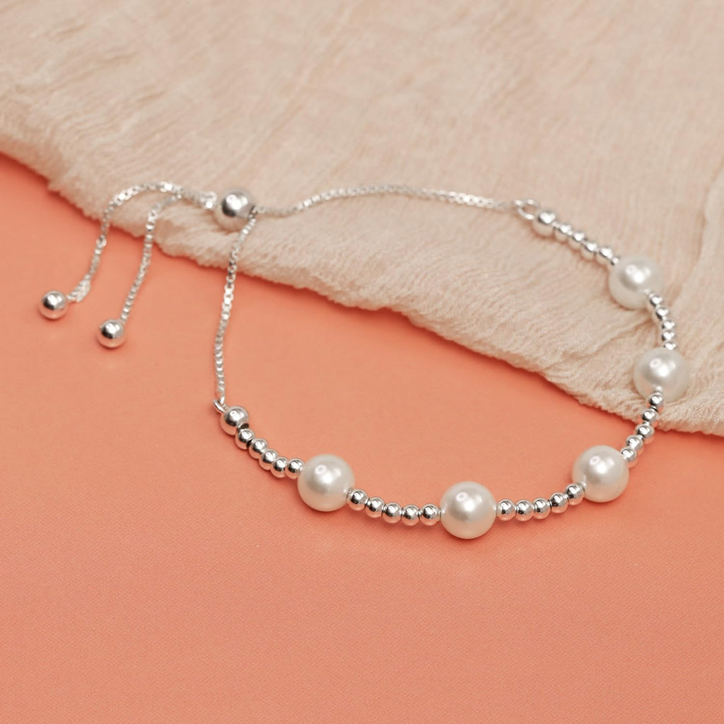 LeCalla 925 Sterling Silver Pearl Bracelets for Women | Adjustable Slider Simulated Pearl Beaded Bolo Bracelet Jewelry Gifts for Mom Wife