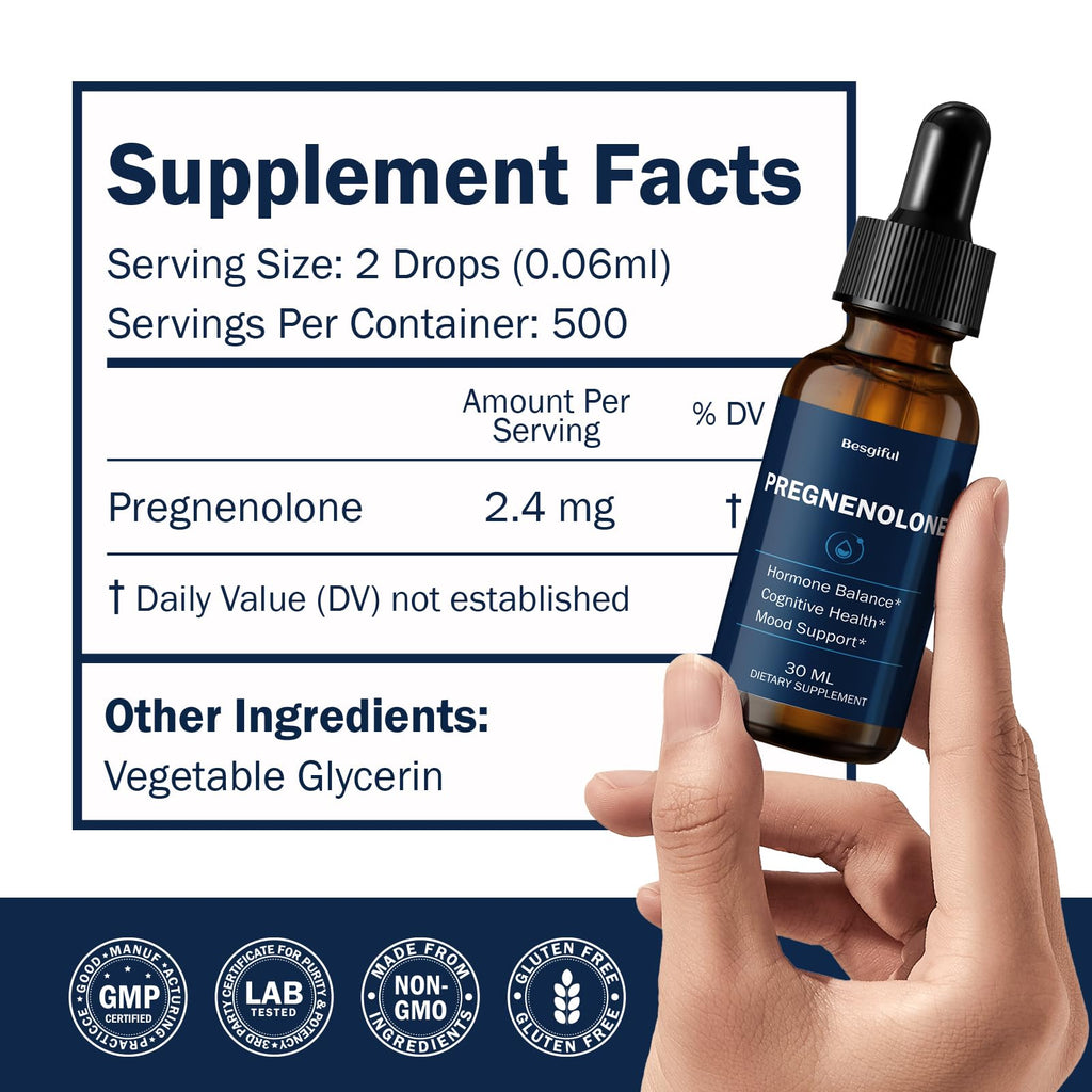 Liquid Pregnenolone Supplement, Sublingual Micronized Liquid for Hormone Balance, Memory & Focus Support, Promote Cognitive Health, Better Absorption Than Capsules, 30 ml
