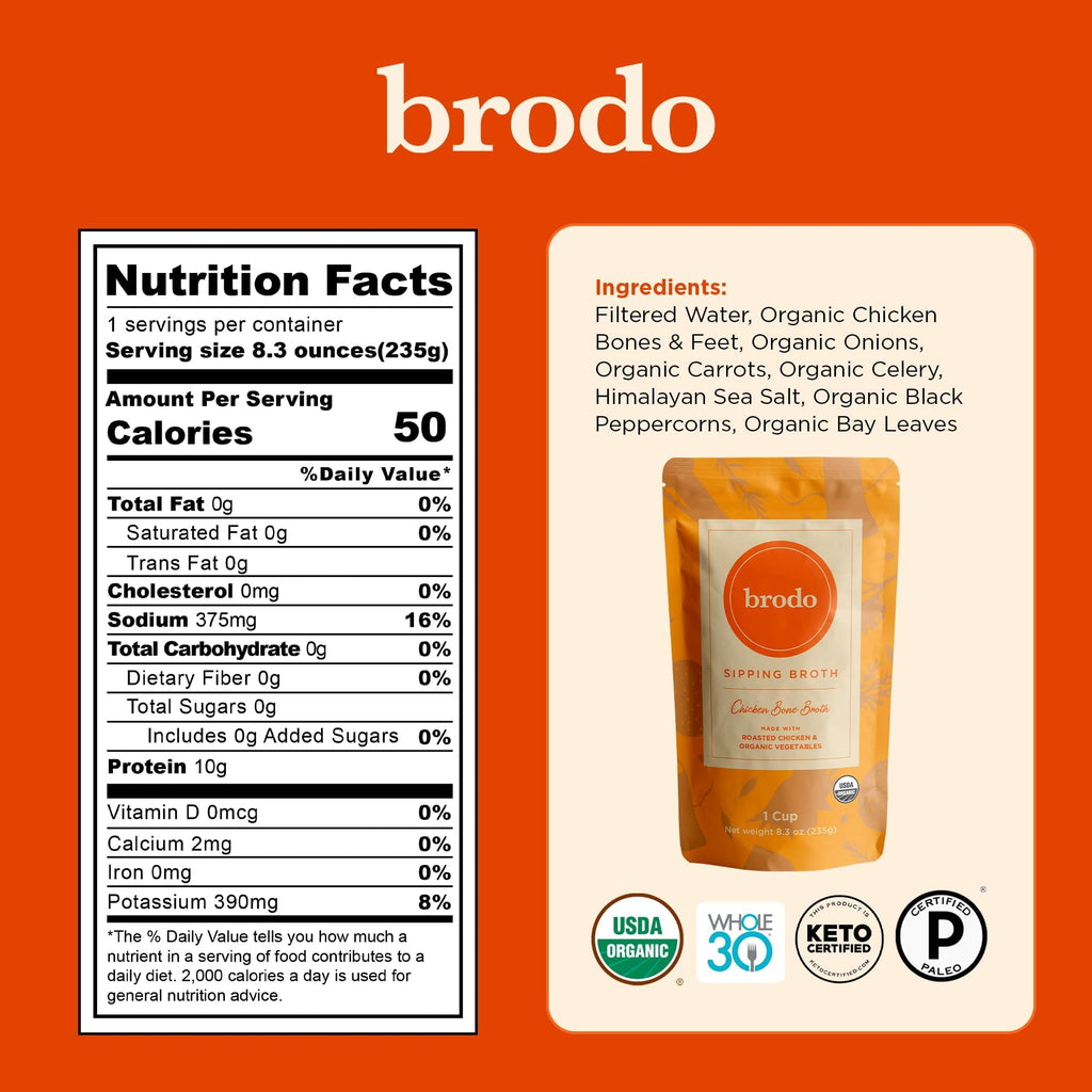 Brodo Collagen Rich Bone Broth Favorites Variety Pack, Chicken Bone Broth, Beef Bone Broth, Hearth Bone Broth, Collagen Protein, Collagen, Not From Concentrate, No Preservatives, 8 oz (Pack of 6)