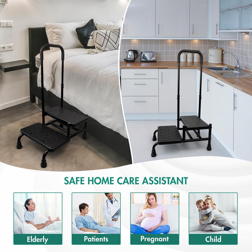 Gyykzz 2 Step Stool with Handle and Non-Slid Platform, Medical Step Stool with Adjustable Handrail for Adults, Seniors and Handicap, Heavy Duty Multifunctional Stepping Ladder Holds up to 400LBS