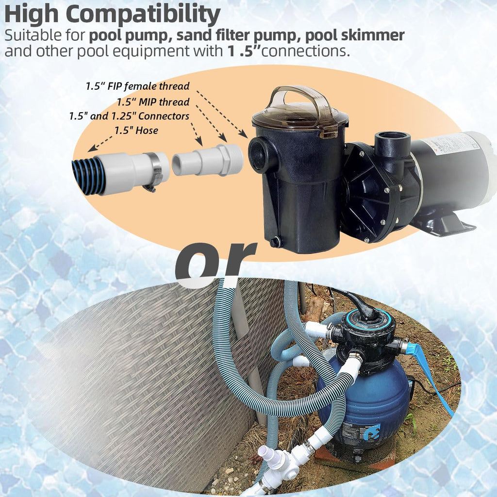 1.5" 6ft Pool Filter Pump Hose Kit for Above Ground Swimming Pools Vacuum Skimmer 1 1/2" Hose Replacement & 1 1/2 to 1 1/4 Pool Hose Adapter Fittings - 2 Pool Hoses, 2 Adapters, 4 Clamps, 2 PTFE Tapes
