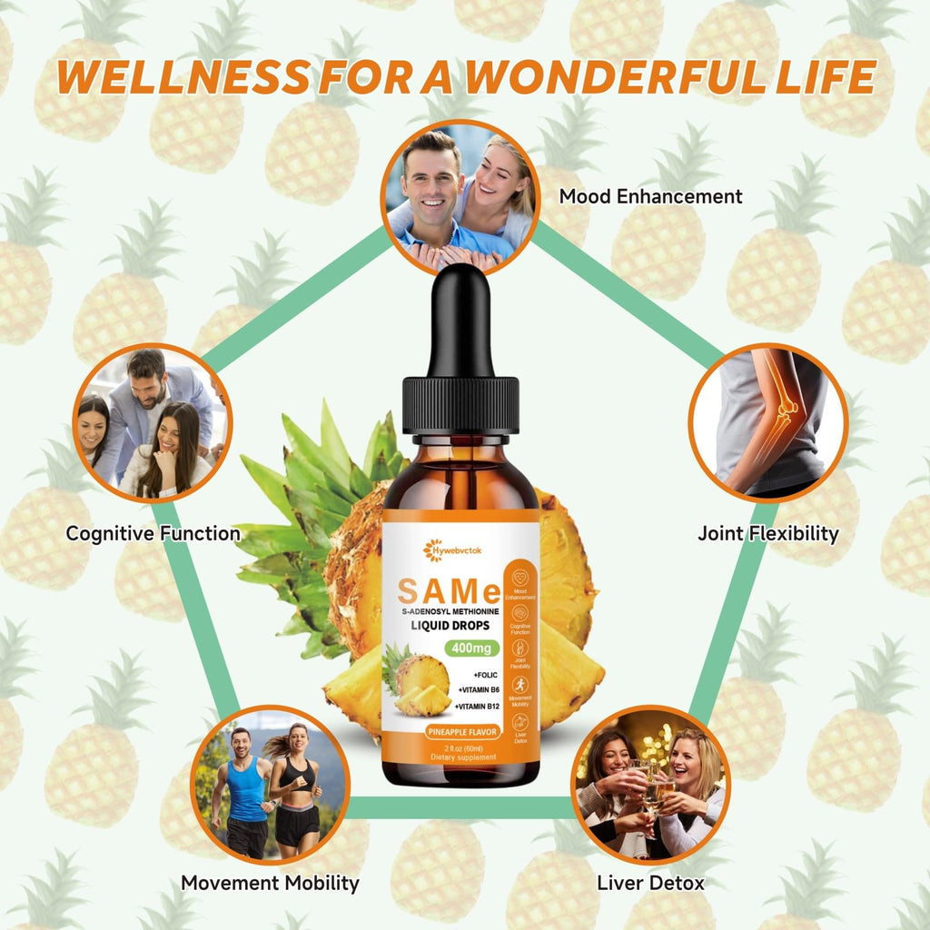 Liquid SAM E Drops, 2 Fl Oz,SAM-E(SAMe) Supplement 400MG S-Adenosyl-L-Methionine with Vitamin B6,B12,Folate,Joint Support & Liver Health，Pineapple Flavor,98% Absorption &Better Bioavailability,0 Sugar