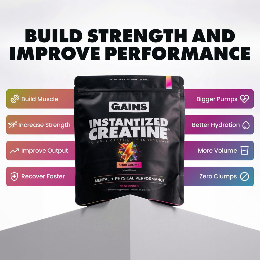 Gains in Bulk Instantized Creatine Monohydrate for Men & Women, Soluble Pre Workout Powder, Supports Muscle Building, Strength and Performance, Bodybuilding Supplements, Sour Gummy, 30 Servings