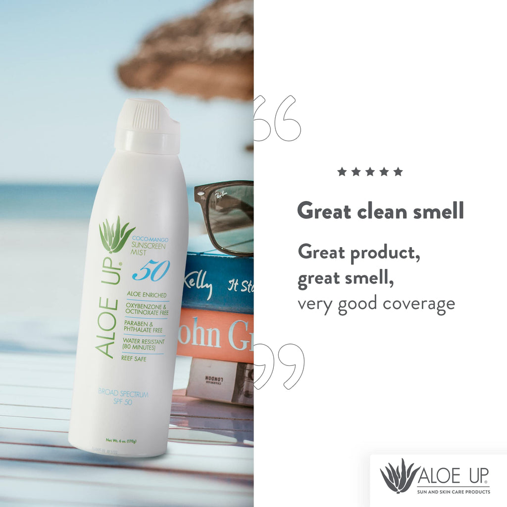 Aloe Up White Collection Continuous Sunscreen Spray SPF 50 Broad Spectrum UVA/UVB Sunscreen Protector for Face and Body with Moisturizing Aloe Vera Gel Reef Safe Coco Mango Fragrance 5.5 Fl. Oz