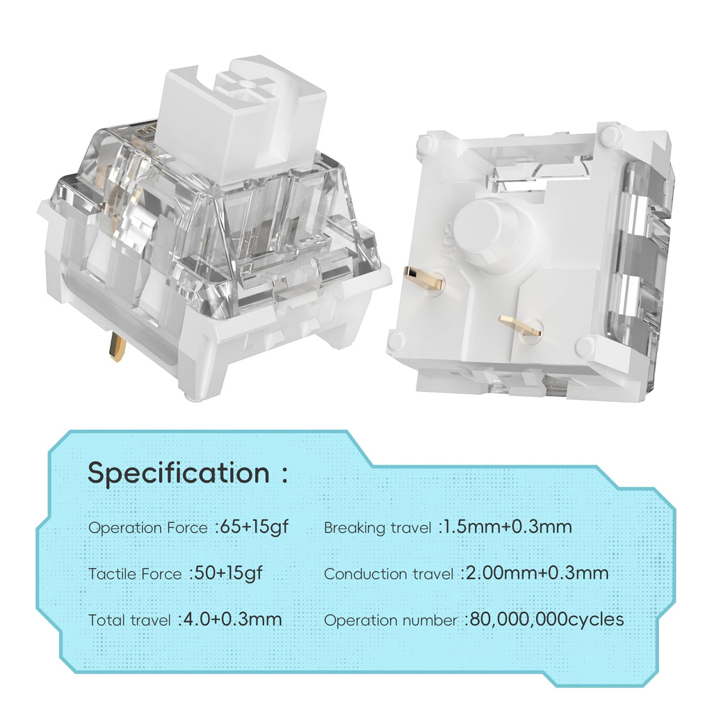 ZhouWang White Shark Mechanical Keyboard Switches, Dustproof and Waterproof, Crisp clicking Sound with Strong Tactile Feedback，uitable clicker for 3D Prints and Mechanical Gaming Keyboards.(108Pcs)