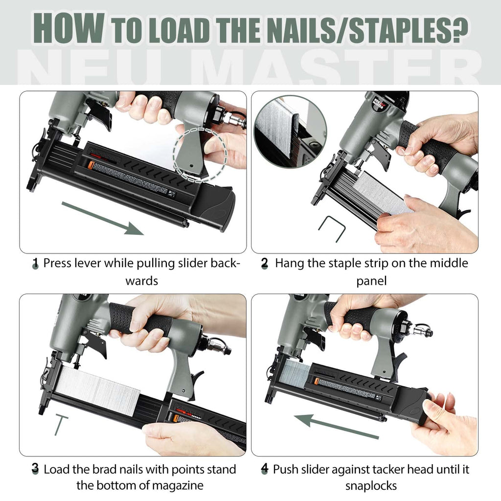 NEU Master Pneumatic Brad Nailer, 2 in 1 Nail Gun/Staple Gun Works with Air Compressor(Not Included), 18 Gauge 2 Inch Brad Nails and Crown 1-5/8 inch Staples with Carrying Case and Safety Glasses