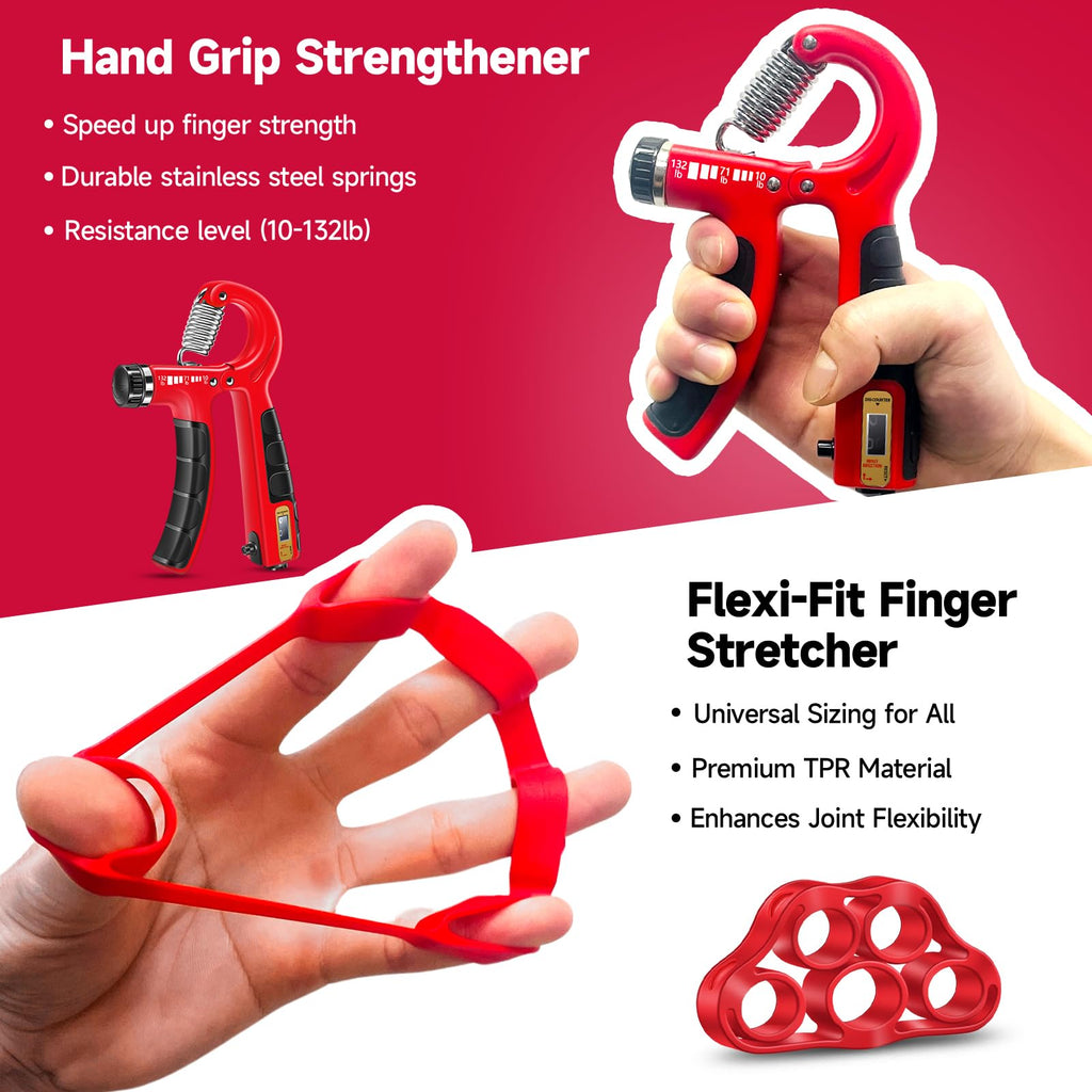 FitBeast Hand Grip Strengthener Workout Kit (5 Pack), 2 Forearm Grip Adjustable Resistance Hand Gripper, Finger Stretcher, Grip Ring & Stress Relief Grip Ball for Athletes, Crimson