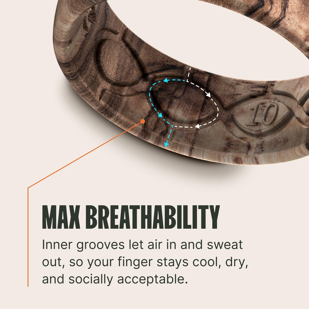 Groove Life Men's Silicone Ring, Breathable Wedding Band, Burled Walnut 10