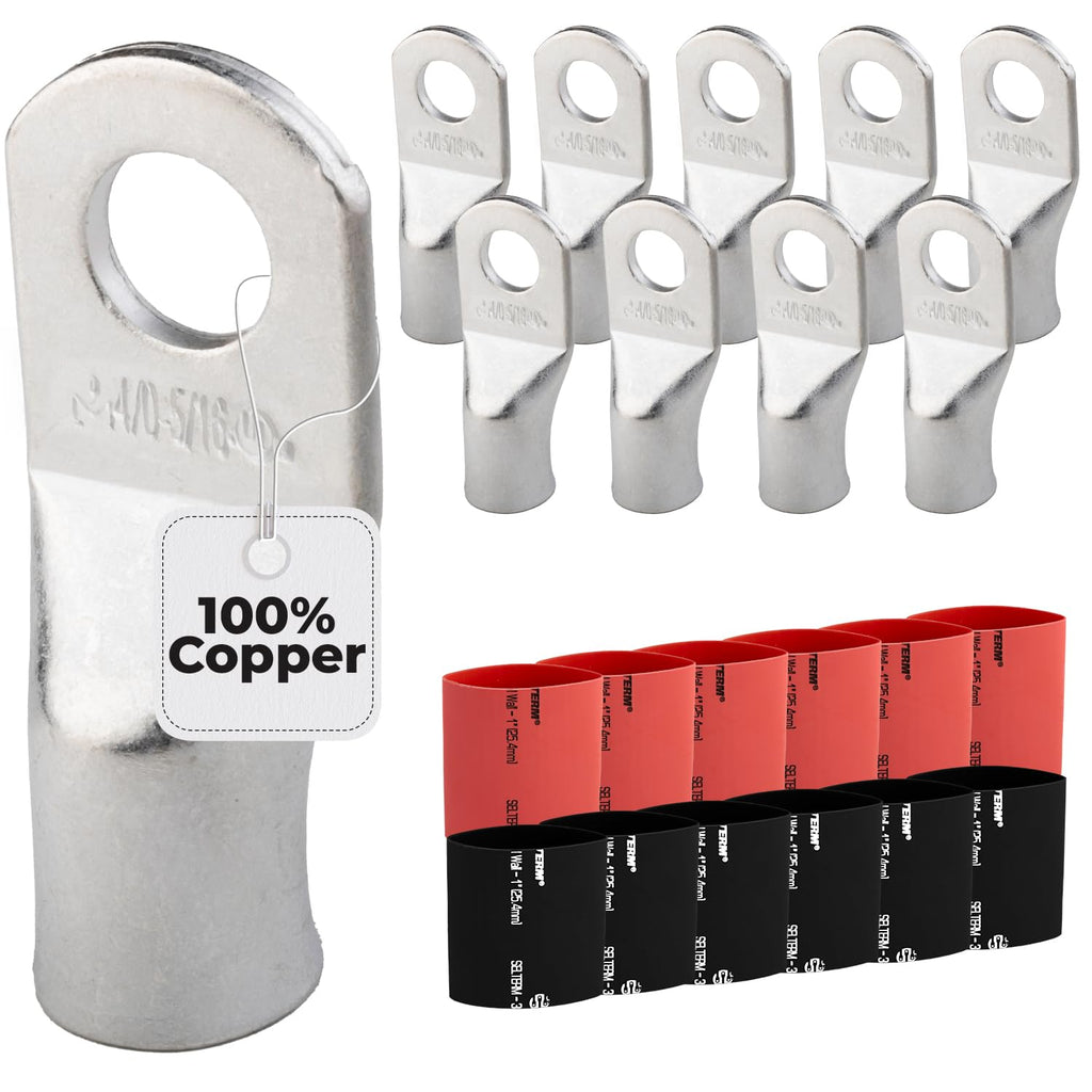 SELTERM 10pcs, 4/0 Awg, 5/16" Stud Marine Grade Tinned Copper Battery Lugs