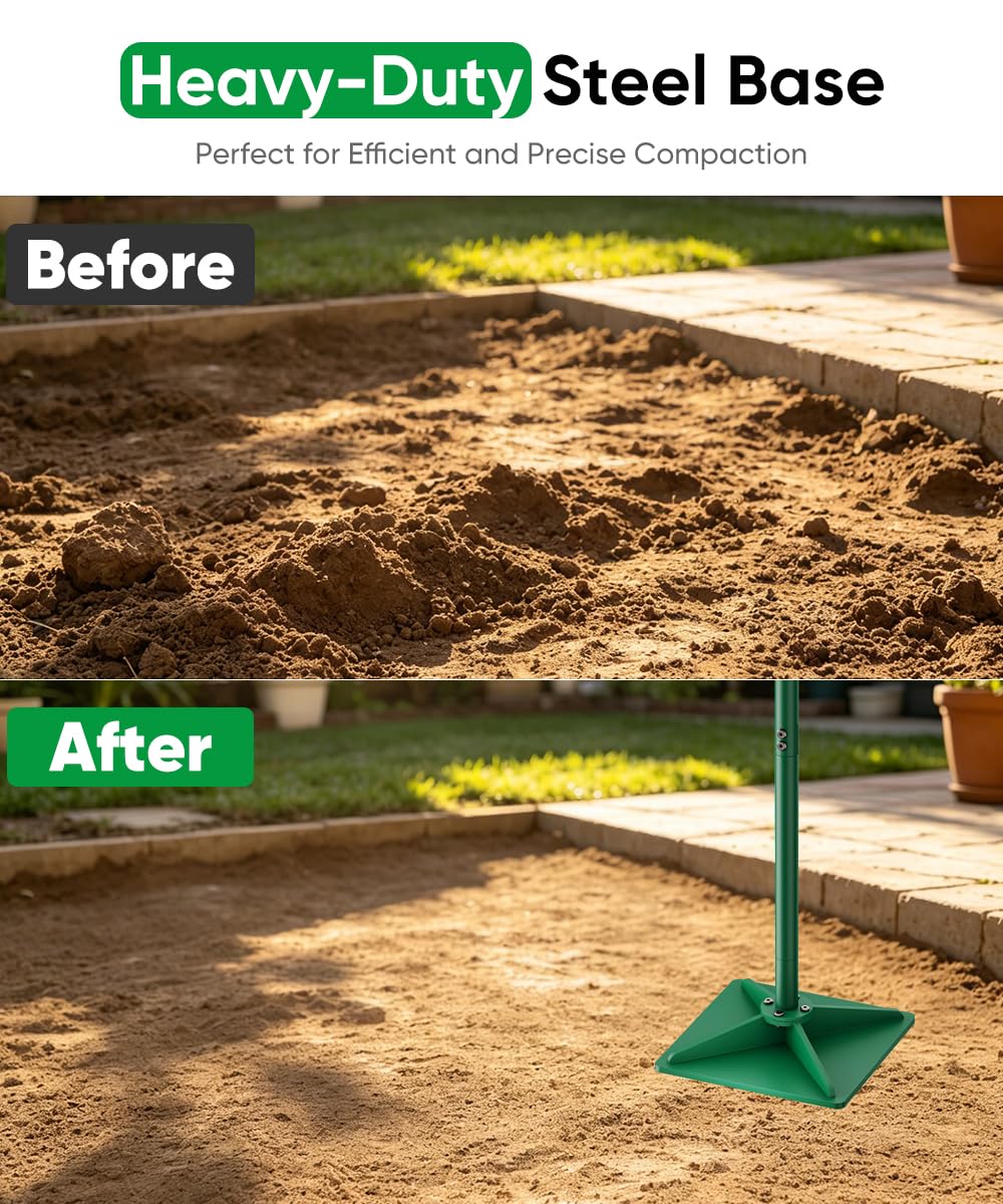 Tigerden Heavy Duty Steel Hand Tamper, 8"x8" Soil Plate Compactor with 44" Adjustable Handle & Rubber Grip, Anti-Loose Ladscaping Tools for Ground, Gravel, Dirt, Sand, Asphalt, Pavers, Blacktop, Green