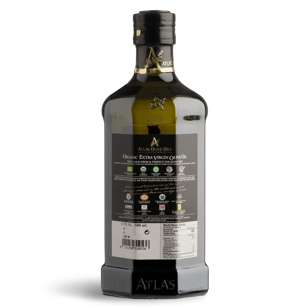 Atlas Organic Cold Pressed Moroccan Extra Virgin Olive Oil, Polyphenol Rich | EVOO From Morocco, Newly Harvested Unprocessed from One Single Family Farm | Trusted by Award-Winning Chefs | 500 mL