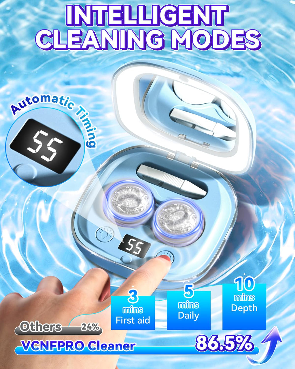 2025 Upgraded Ultrasonic Contact Lens Cleaner【50KHz Germany Super Motor】【Top1 Intelligent Chip-Smart Modes】 Gentle Cleaning & 99% Brightness, Portable Contact Lens Care Tools Home Travel (Blue)