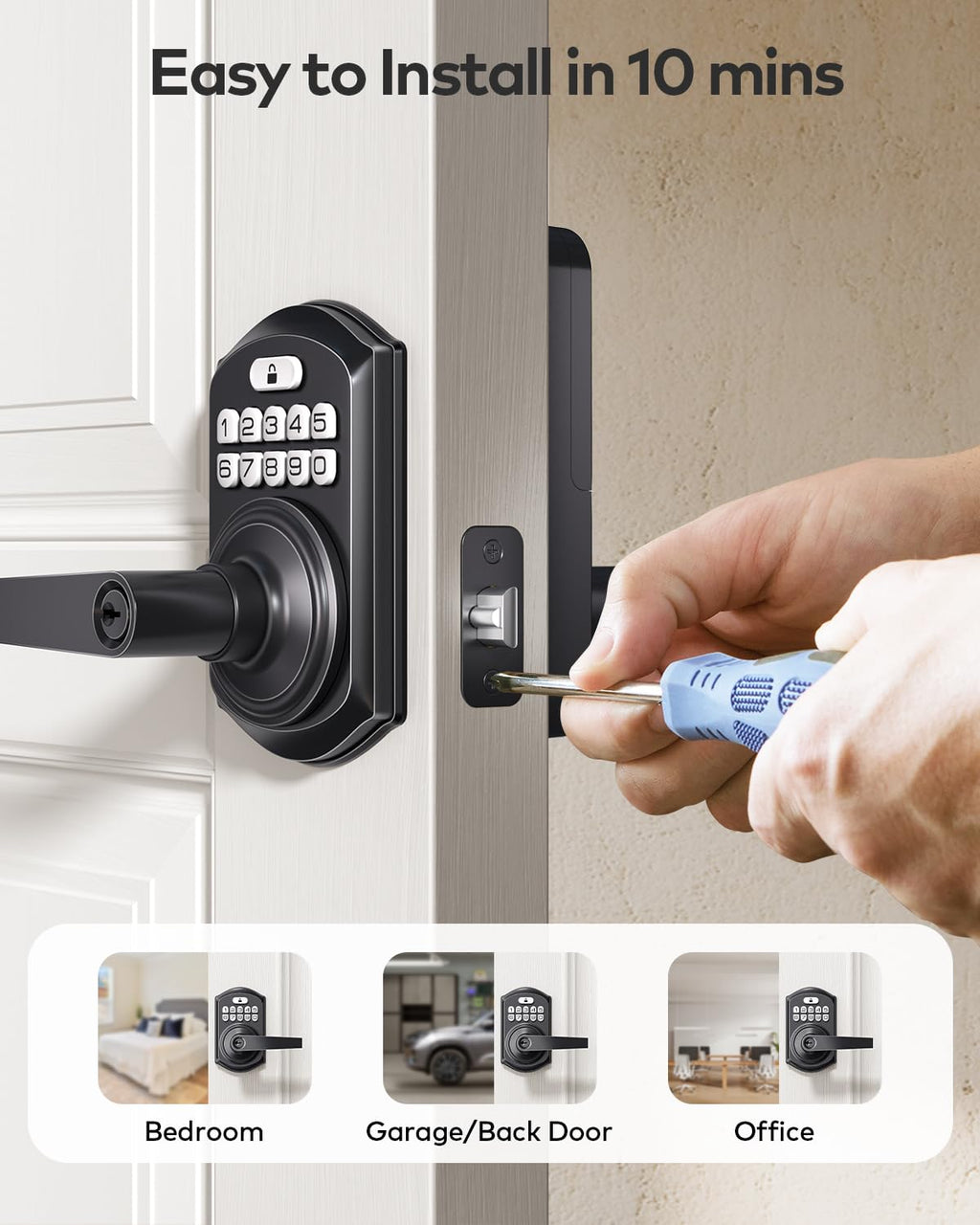 TEEHO TE004 Keyless Entry Keypad Door Lock with Handle - Smart Digital Electronic Lock for Interior Door with Anti-Peeping, Auto Lock & Passage Mode - Easy Installation - Matte Black