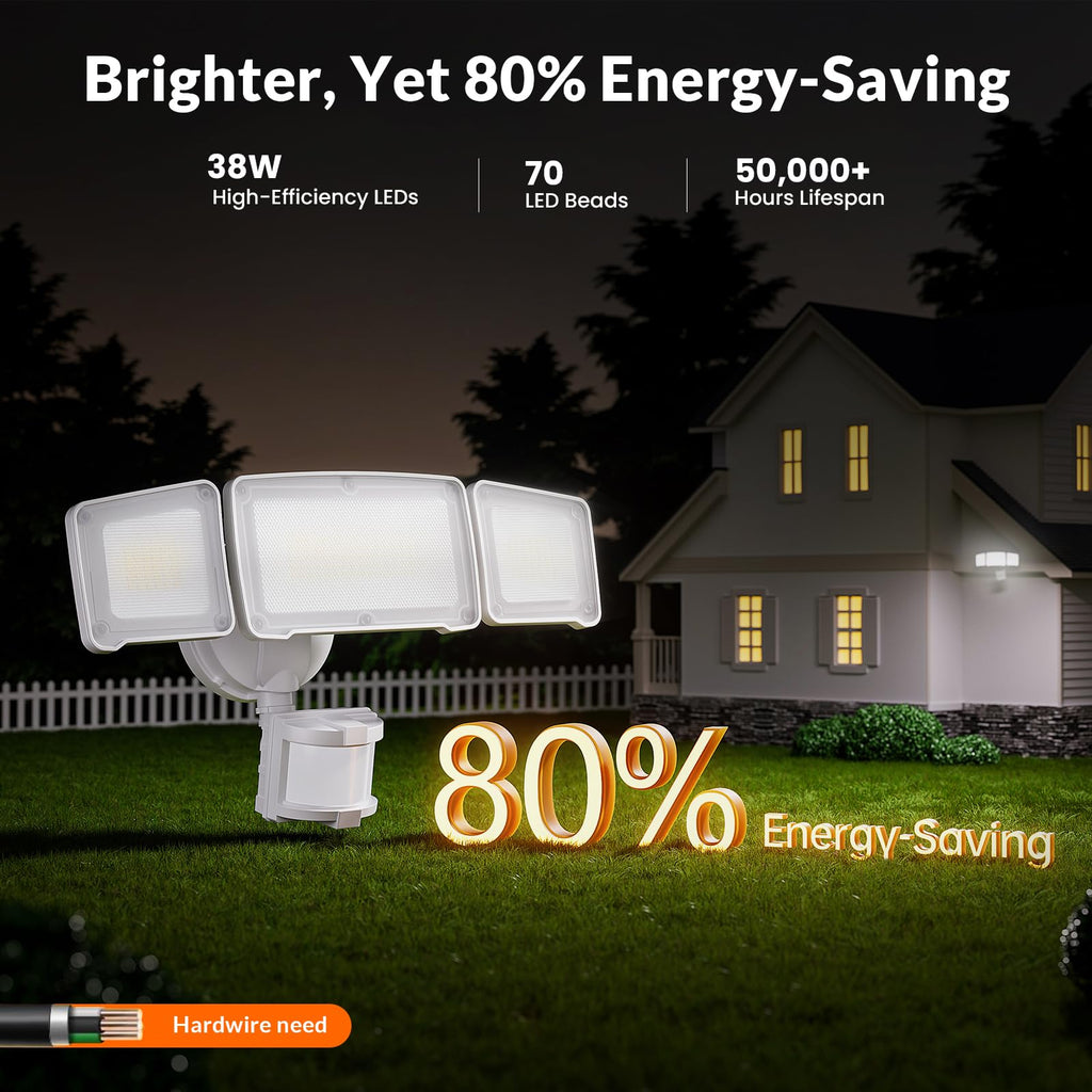 LEPOWER LED Security Lights Motion Sensor Light Outdoor, 38W 4200LM Light, 5500K, IP65 Waterproof, 3 Head Detected Flood Light for Garage, Yard, Porch (White)
