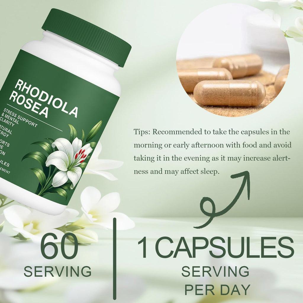 Floraviva Rhodiola Rosea Capsules | 500mg Rhodiola Rosea Extract Supplement for Stress Support, Mental Focus & Energy, Immune Function, Non-GMO, 60 Capsules