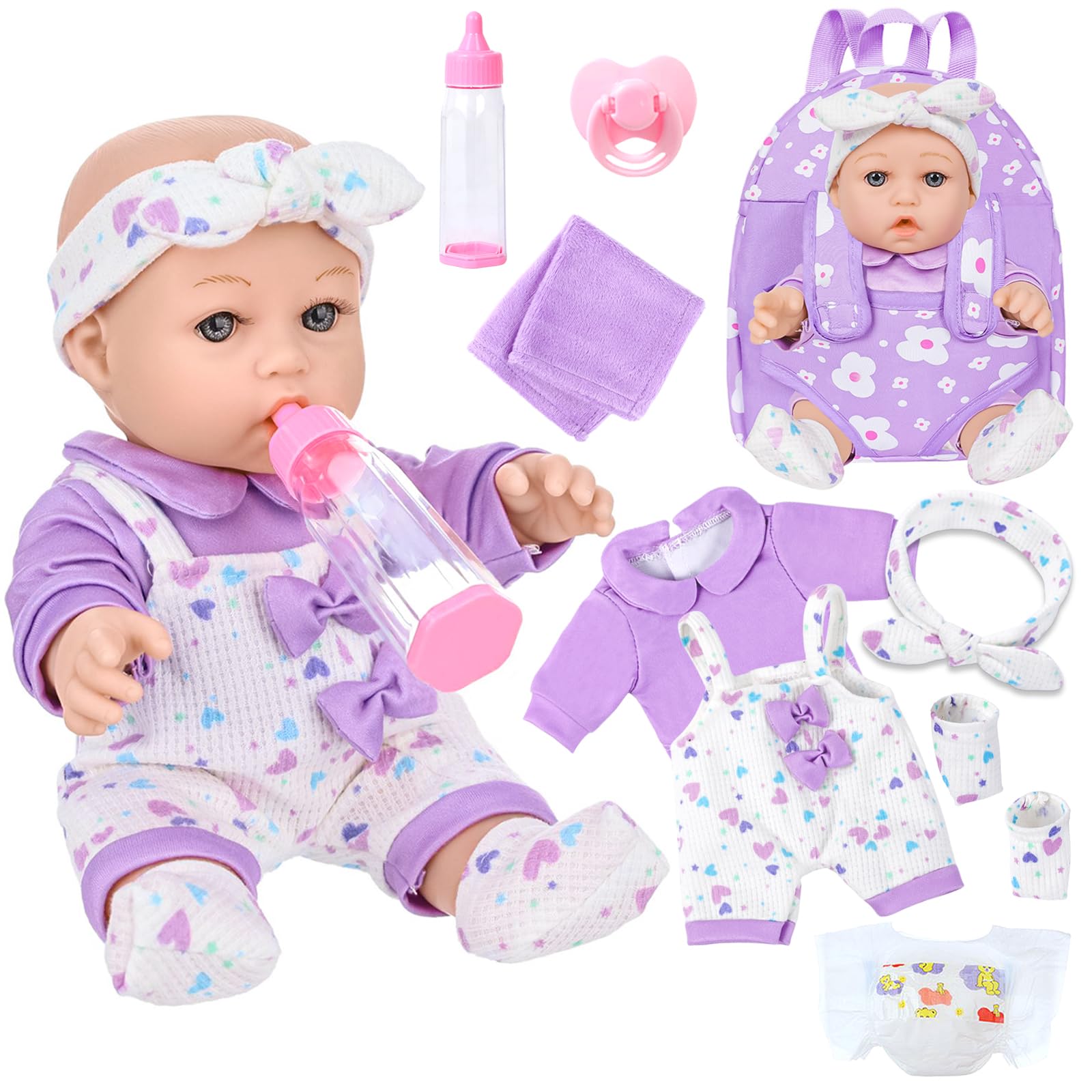 UZIDBTO 12" Baby Doll with Flower Pattern Backpack Carrier,12 Inch Realistic Baby Dolls with Clothes and Accessories Hanky Pacifier Bottle Diaper Toy Pretend Play Collection for 3+ Child Girls Gifts